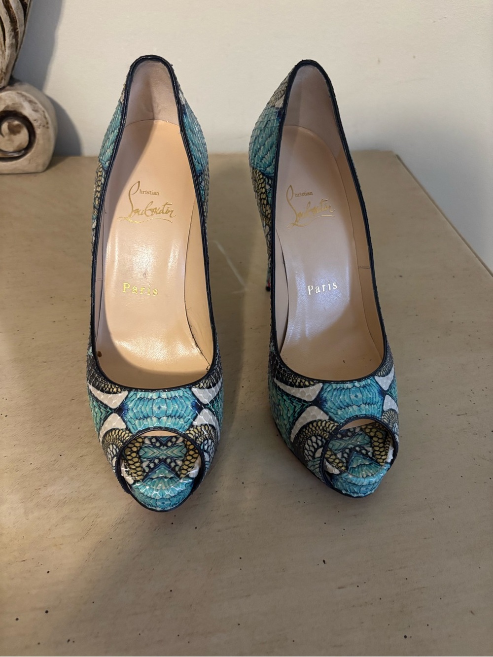 Christian Louboutin Turquoise Snake-Print Pumps